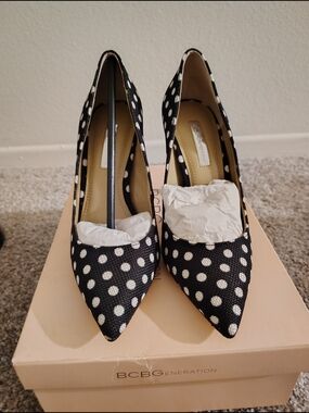 BCBGeneration Black and White Polka Dot Pointed Toe Pumps - Chic Retro Style